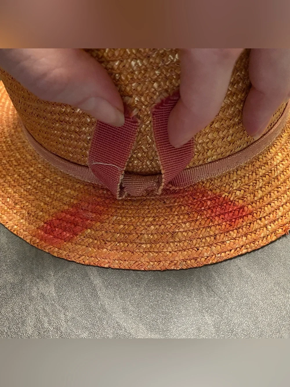 Vintage 1970s Pucci Straw Boater Sun Hat Logo Peach Orange Pastel Flat Top XS
